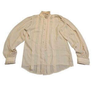 Vintage Style CHAGALL Ruffled Neck Pintuck Blouse Size 10 Sheer Beige/Cream